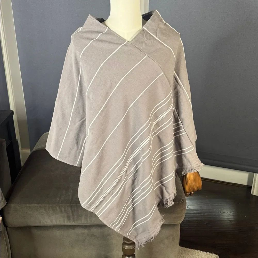Adult Unisex Gray Striped Poncho Towel & Headband 100% Cotton Turkish Robe NEW